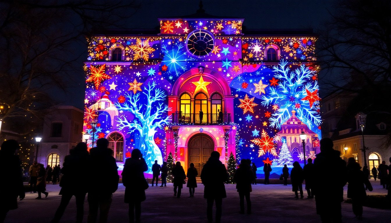 A photograph of a beautifully illuminated outdoor scene featuring a festive projection display on a building or landscape