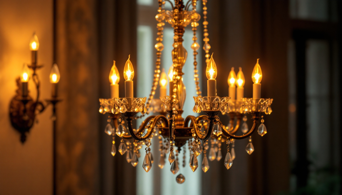 A photograph of a beautifully lit chandelier in an elegantly styled room