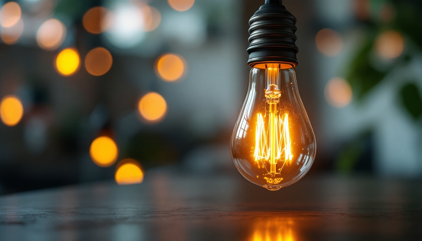 A photograph of a type b lamp light bulb glowing warmly in a cozy