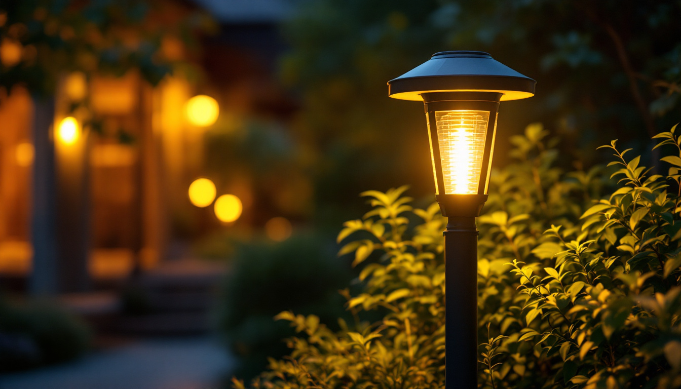 A photograph of a beautifully illuminated solar light post lamp in a serene outdoor setting