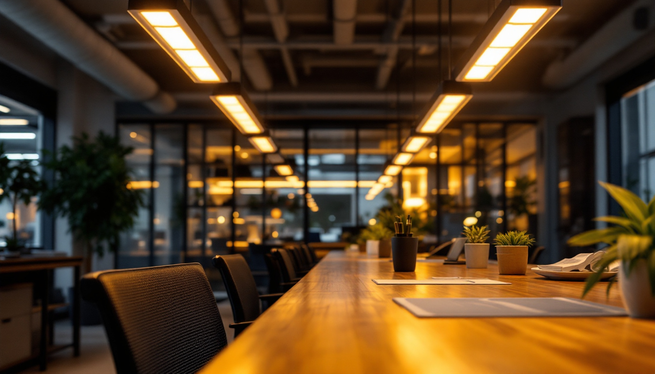A photograph of a modern office space illuminated by sleek led lights