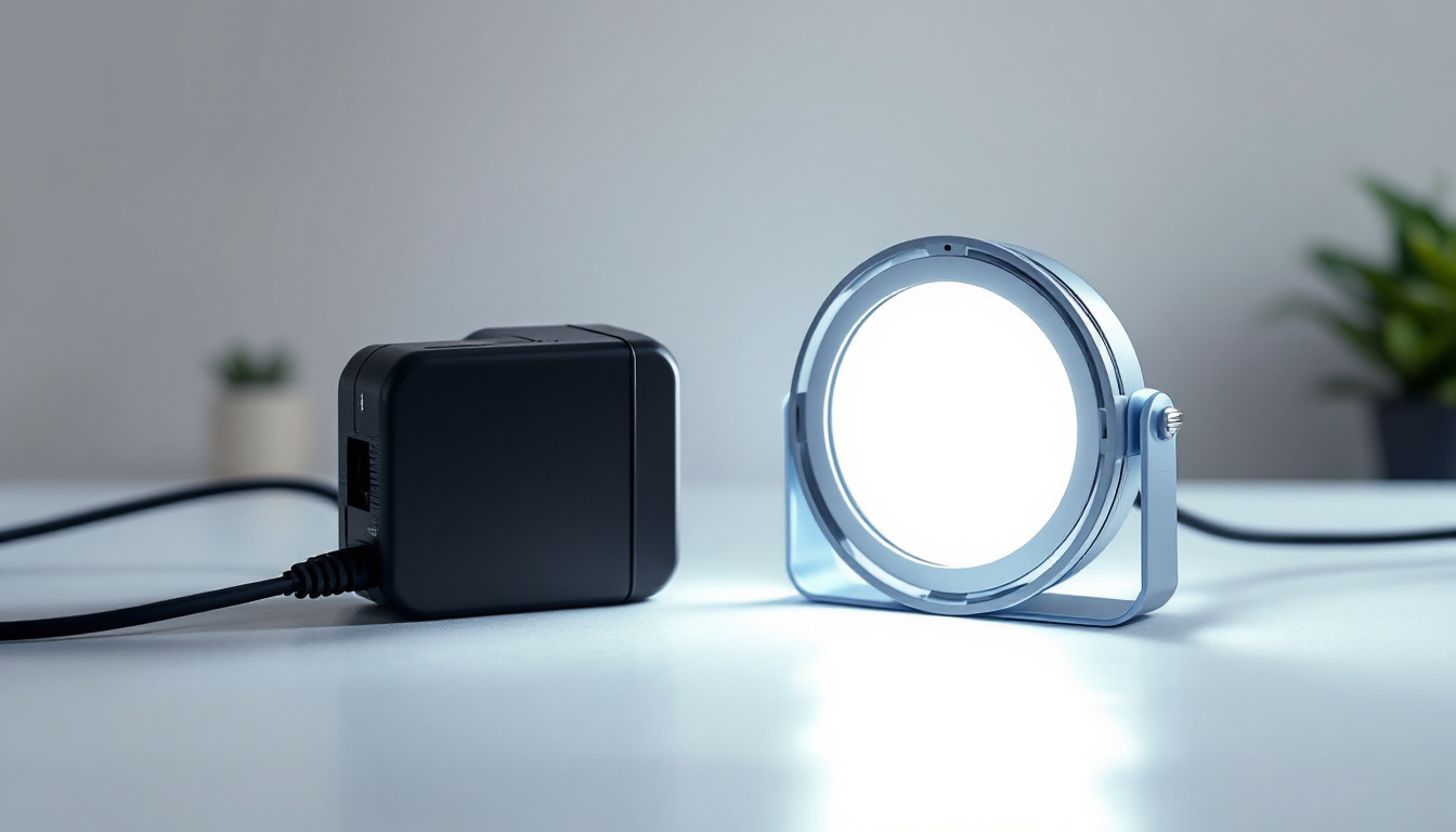 A photograph of a side-by-side comparison of a 24w adapter and a 12w led light in a well-lit setting