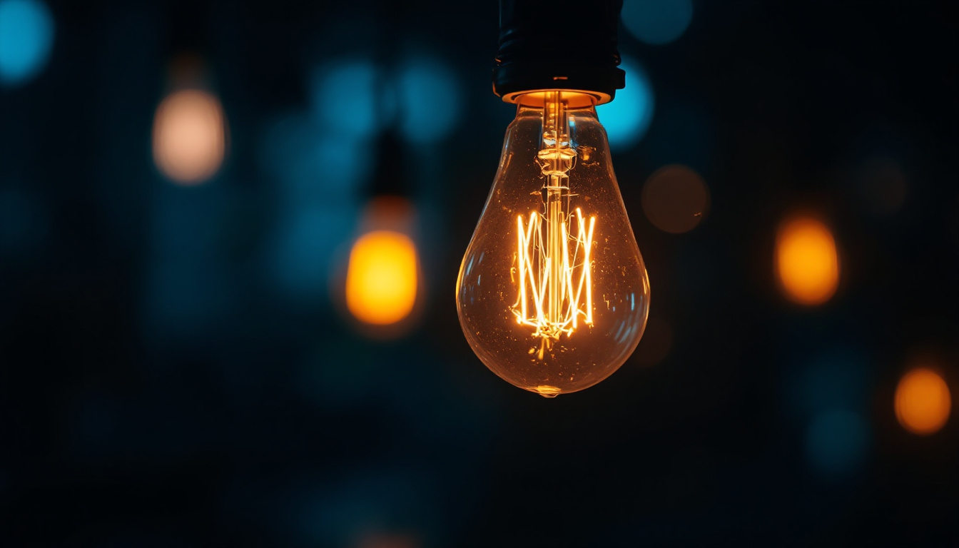 A photograph of a glowing light bulb in a dimly lit setting