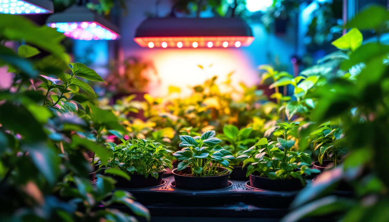 A photograph of a vibrant indoor garden illuminated by various types of grow lights