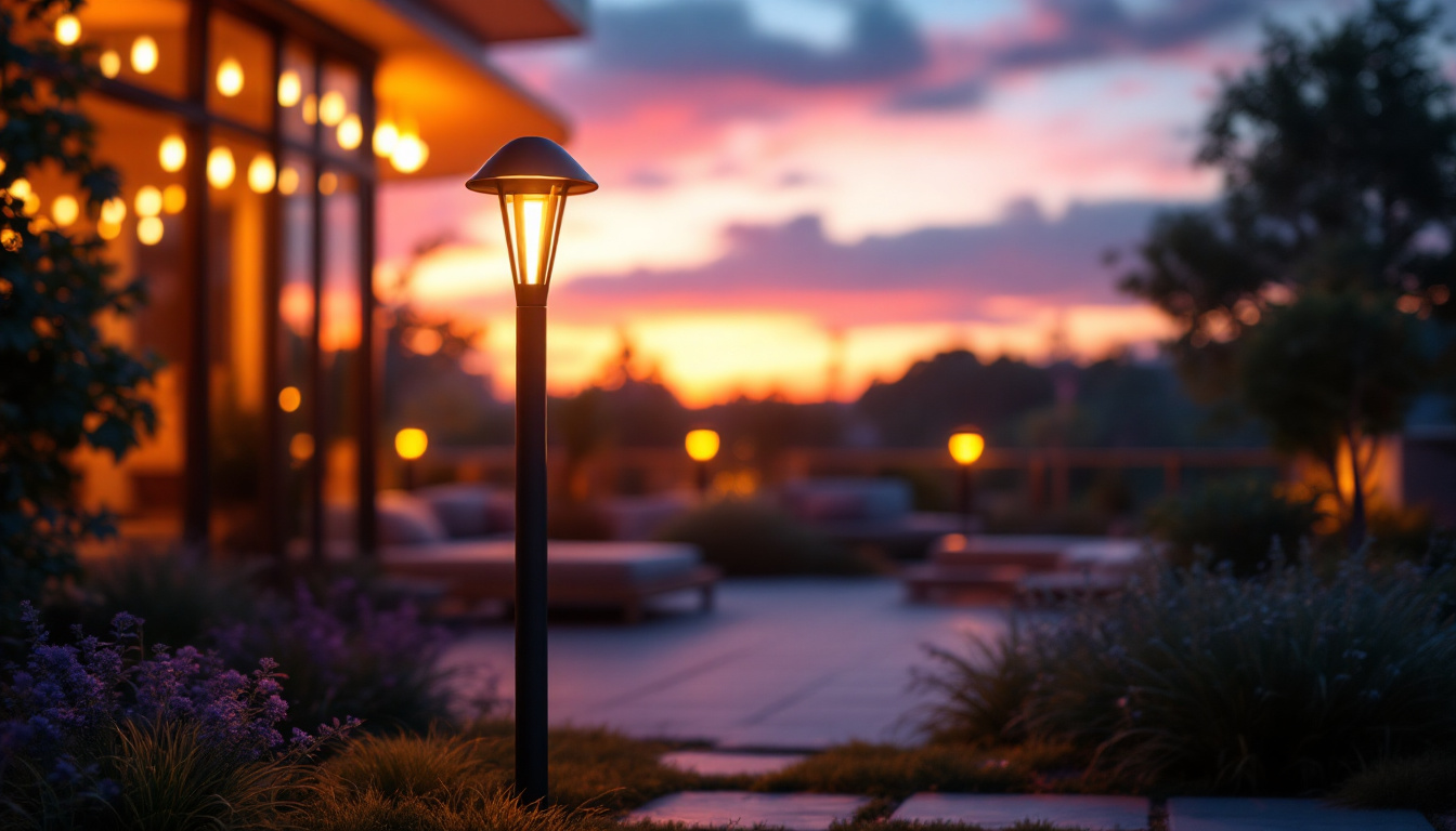 A photograph of a beautifully illuminated outdoor space featuring a modern led post light