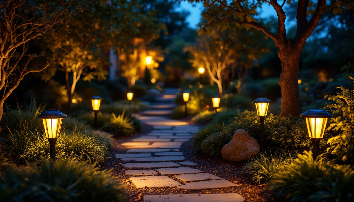 A photograph of a beautifully illuminated garden scene at dusk