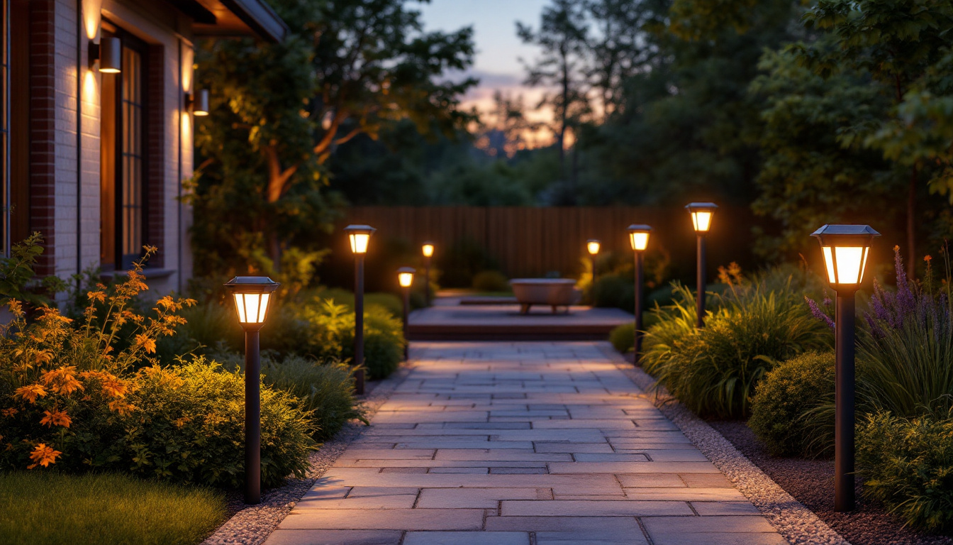 A photograph of a beautifully illuminated outdoor space featuring various solar post lights in action during twilight