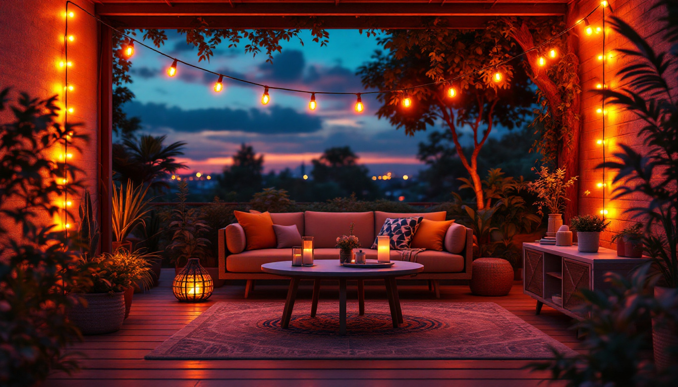 A photograph of a cozy outdoor setting illuminated by vibrant led string lights