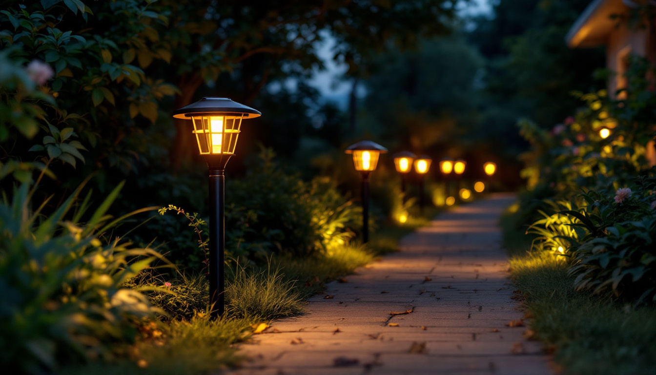A photograph of a beautifully illuminated outdoor pathway featuring an array of stylish solar path lights at dusk