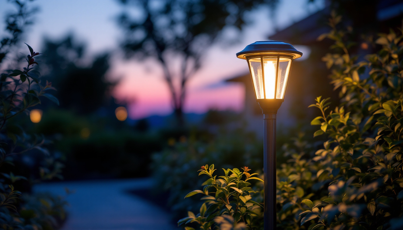 A photograph of a beautifully illuminated solar-powered post light in an outdoor setting during twilight