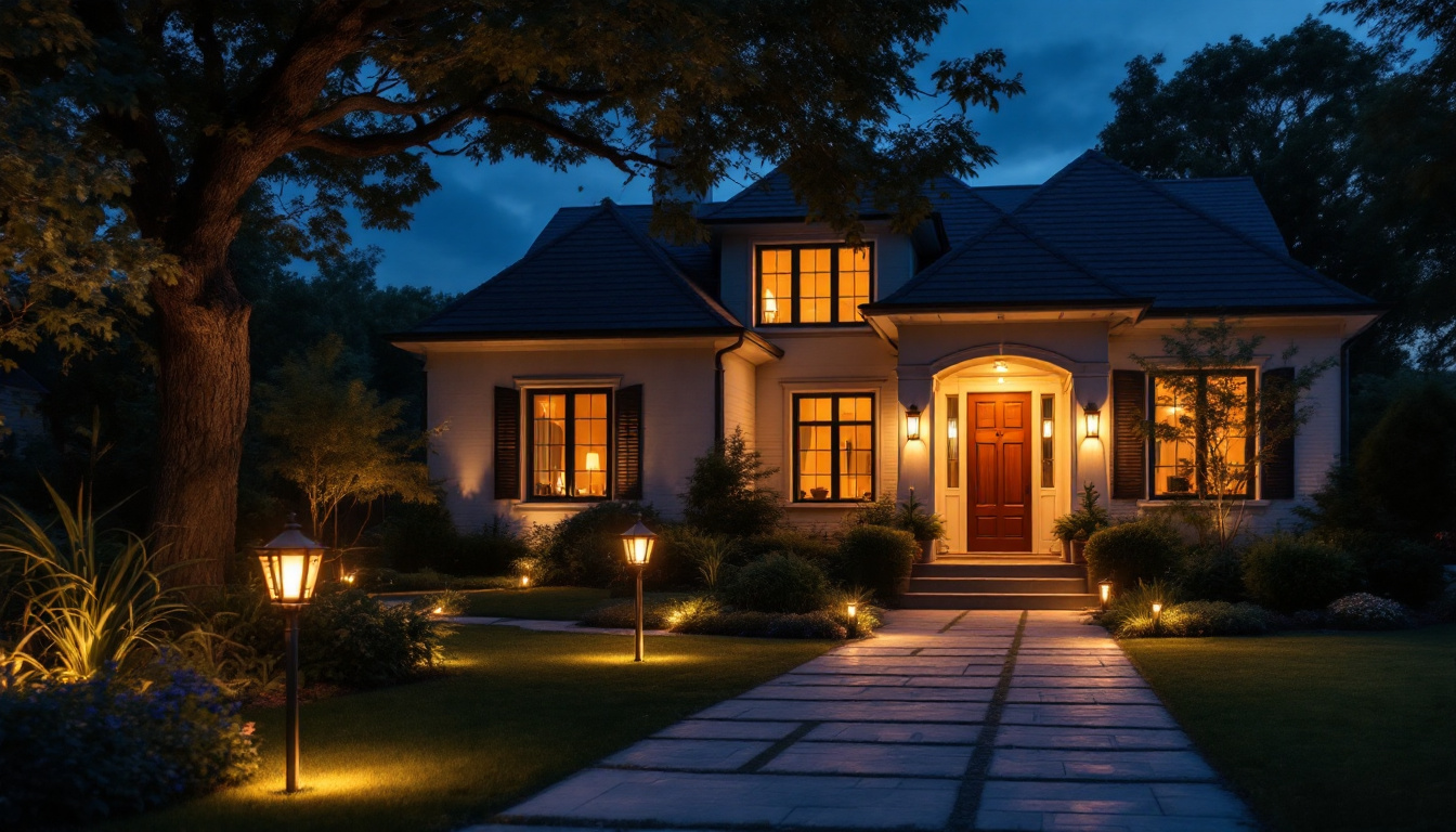 A photograph of a beautifully illuminated outdoor space featuring various styles of house exterior lights
