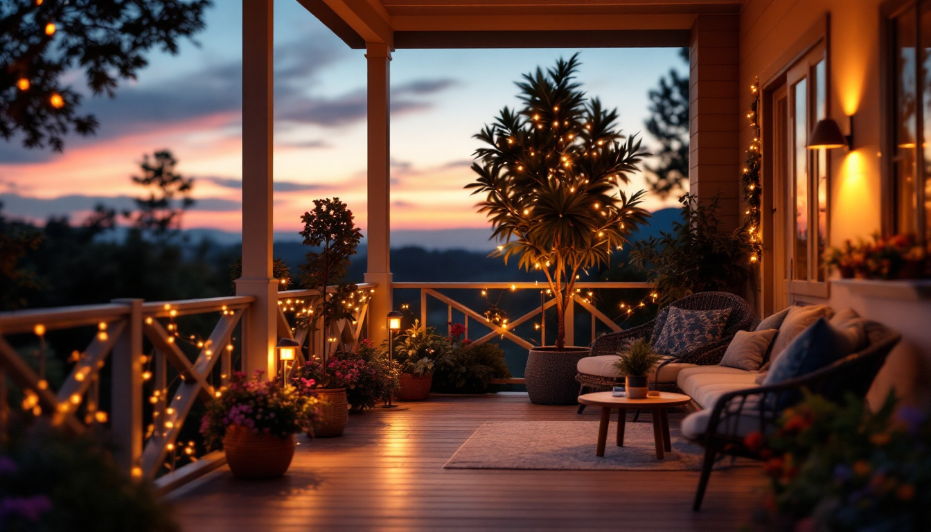 A photograph of a cozy porch setting at dusk