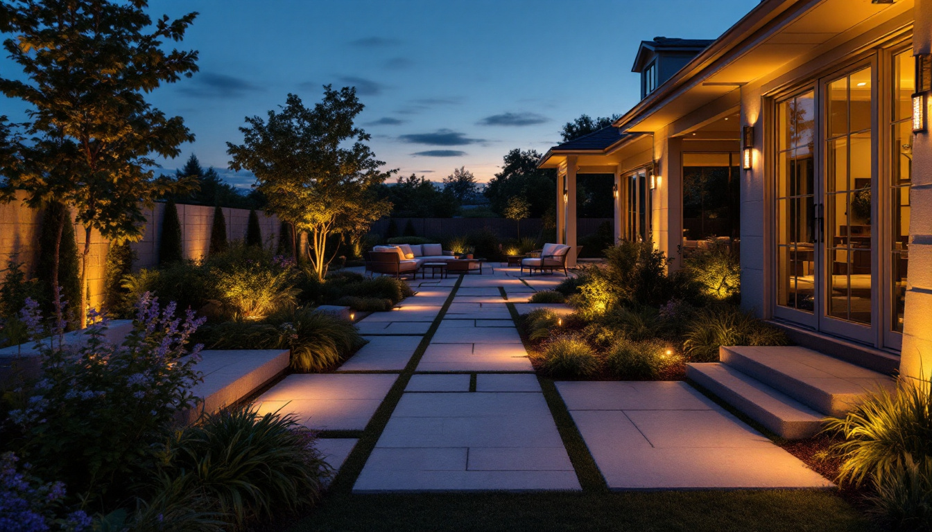 A photograph of a beautifully lit residential outdoor space at dusk