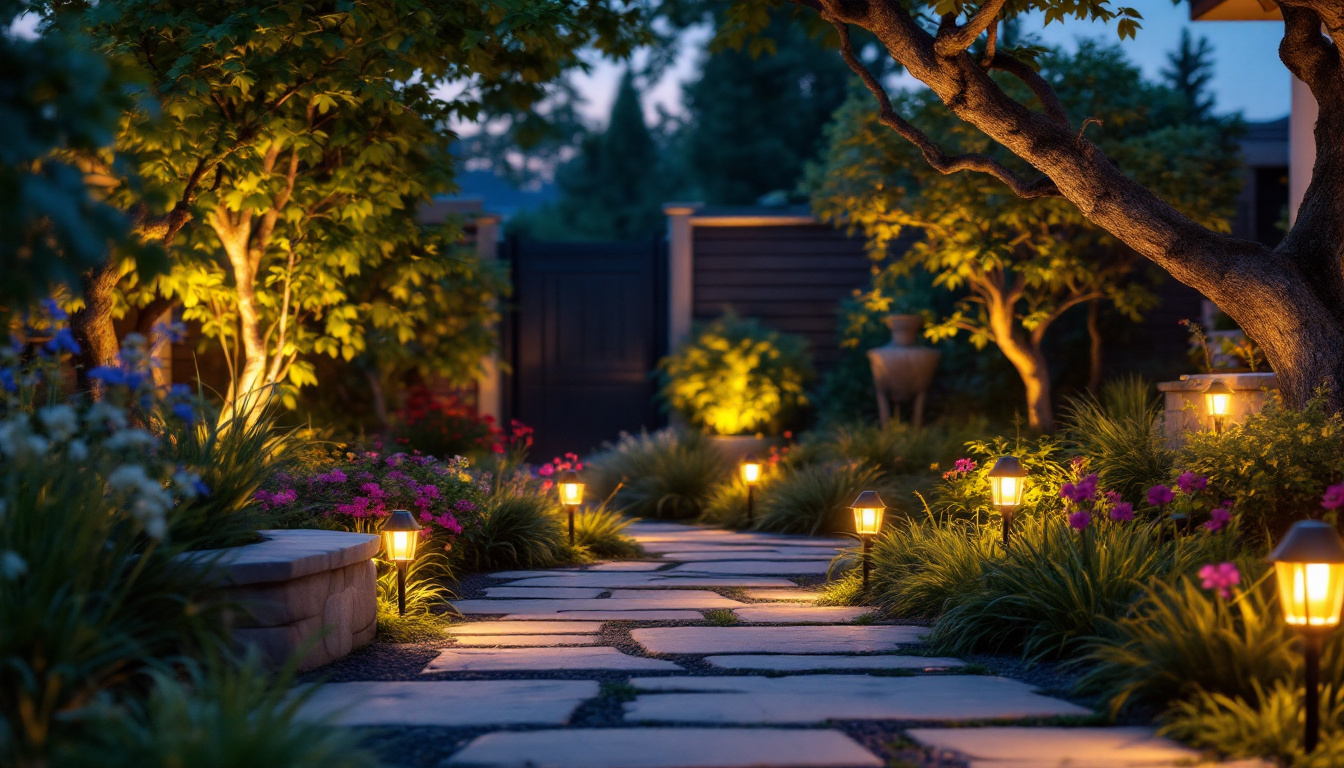 A photograph of a beautifully landscaped garden at dusk