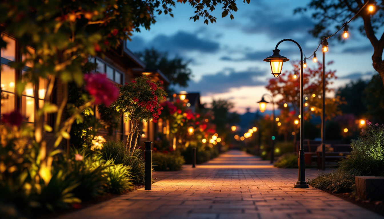 A photograph of capture a photograph of a beautifully illuminated outdoor space featuring various styles of commercial outdoor lights