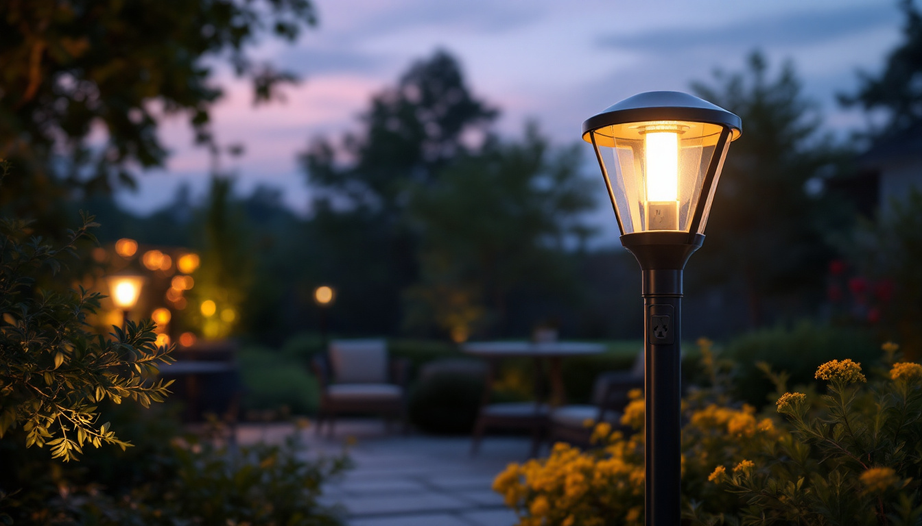 A photograph of a stylish outdoor light pole equipped with an integrated electrical outlet