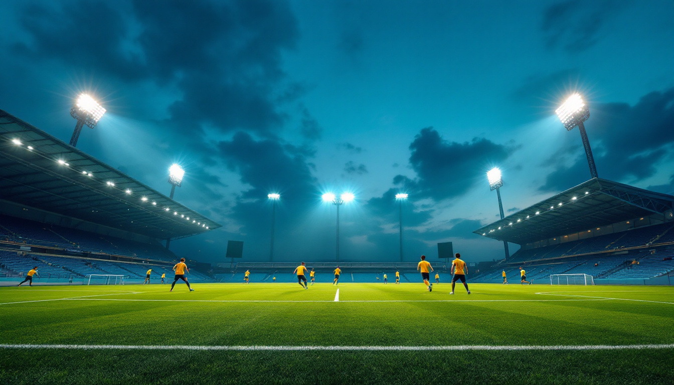 A photograph of a vibrant sports field illuminated by led lighting at dusk