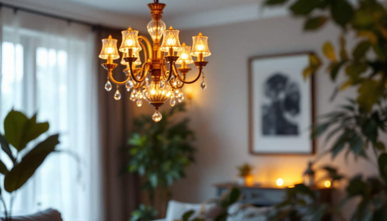 A photograph of a beautifully designed chandelier illuminated in a stylish interior setting