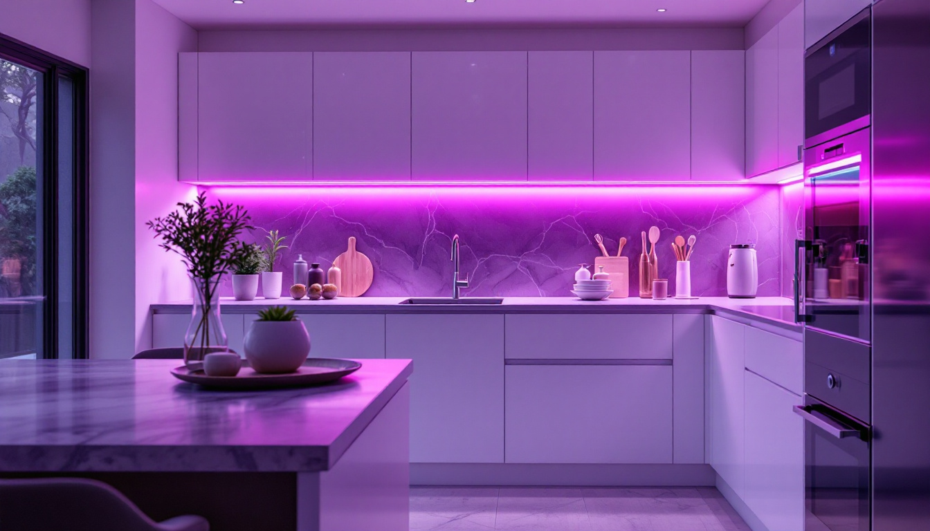 A photograph of a beautifully designed kitchen with sleek led under cabinet lighting illuminating the countertops