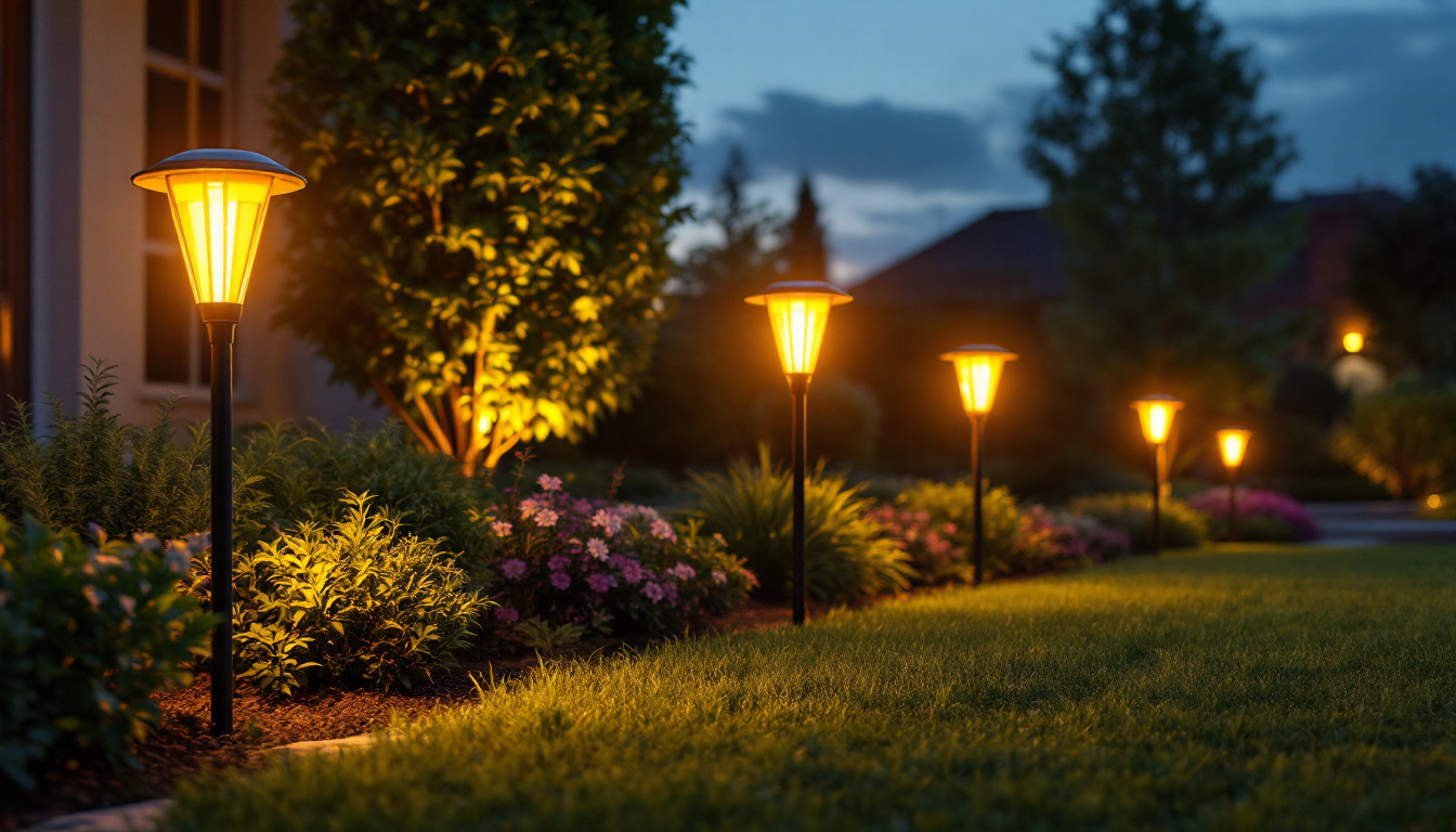 A photograph of capture a photograph of a beautifully landscaped outdoor space illuminated by large solar lights at dusk