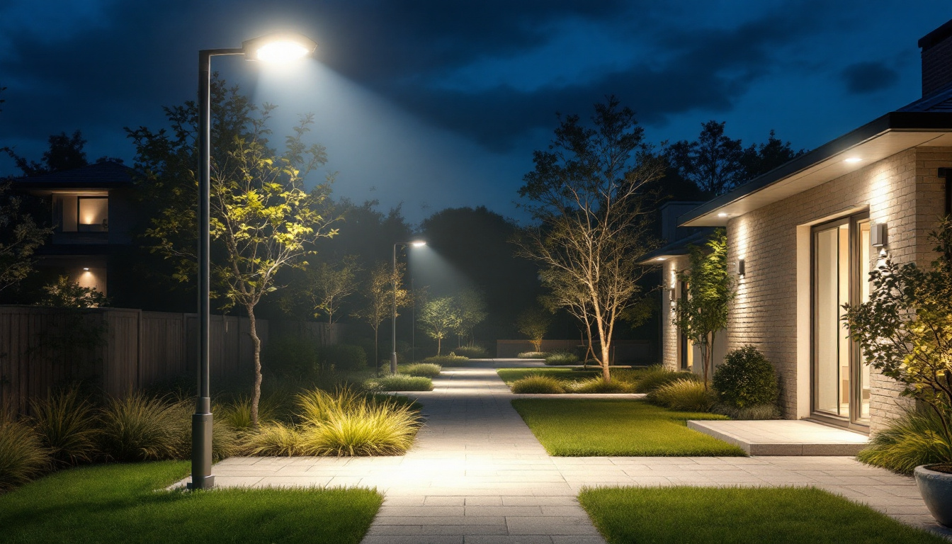 A photograph of a well-lit outdoor space featuring various exterior led floodlights illuminating different areas