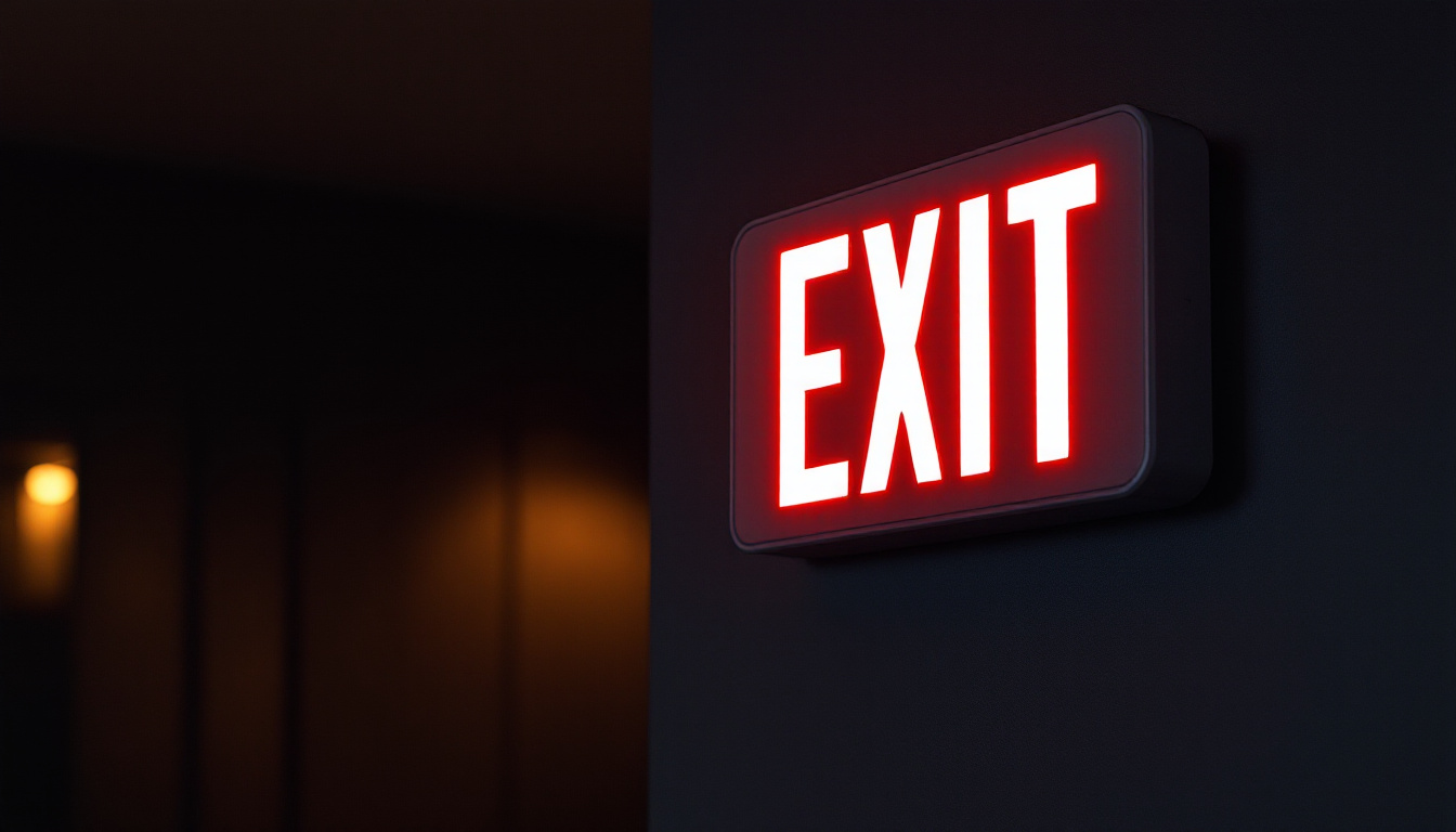 A photograph of a glowing battery-powered exit sign in a dimly lit environment