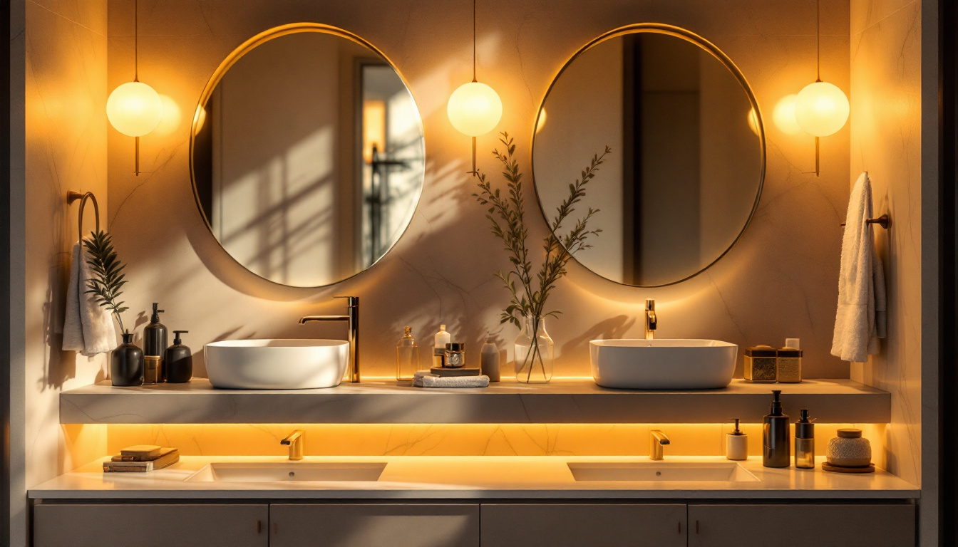 A photograph of a beautifully designed bathroom vanity illuminated by warm