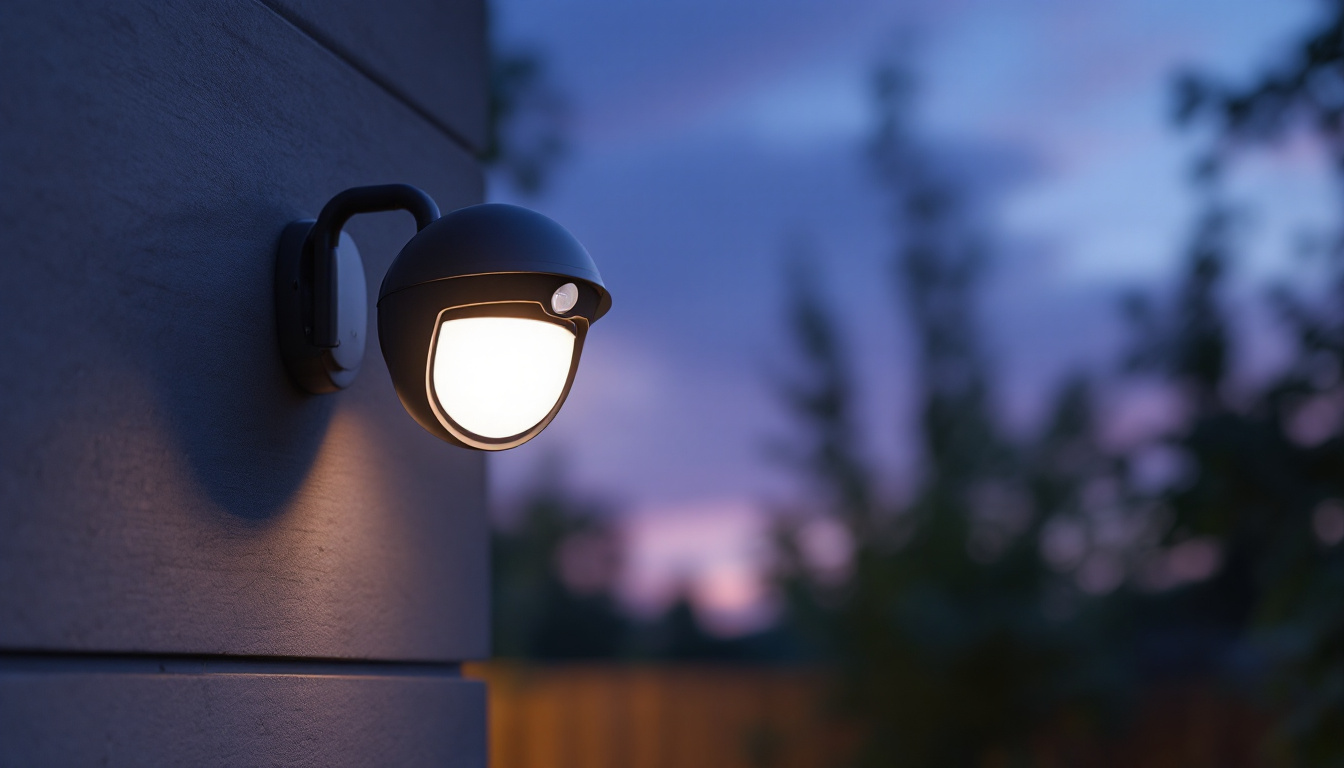 A photograph of a security light with a motion sensor installed in a residential outdoor setting