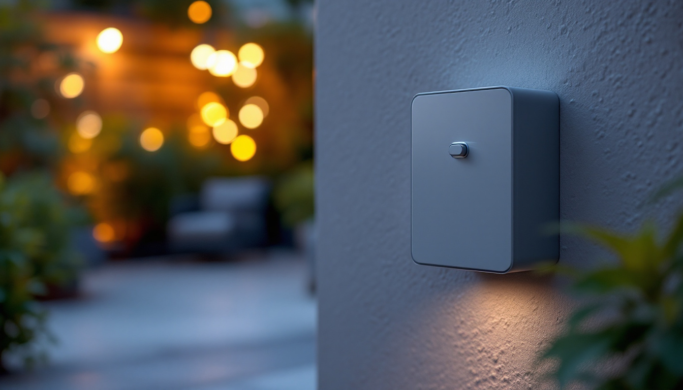 A photograph of a stylish outdoor electric socket box installed in a garden or patio setting