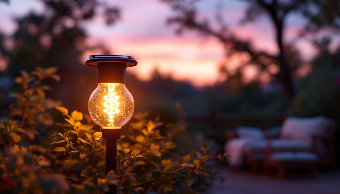 A photograph of a solar bulb light glowing warmly in an outdoor setting during twilight
