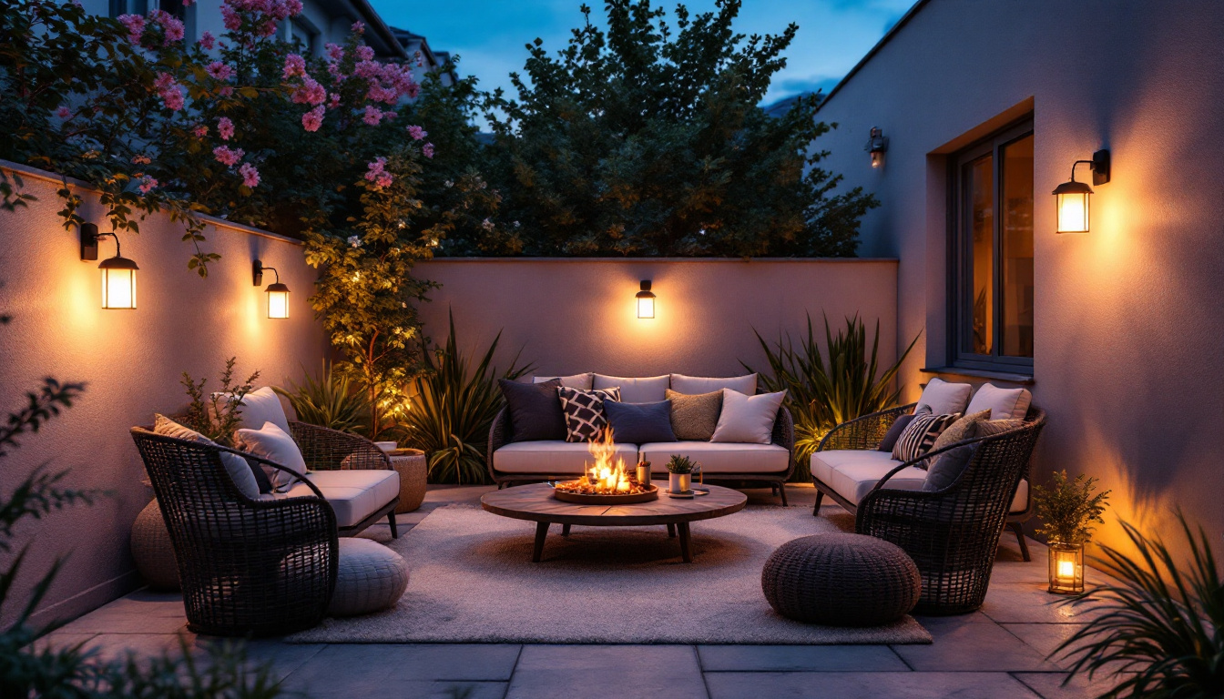 A photograph of a beautifully arranged outdoor setting featuring wall hanging solar lights illuminating a cozy patio or garden space at dusk