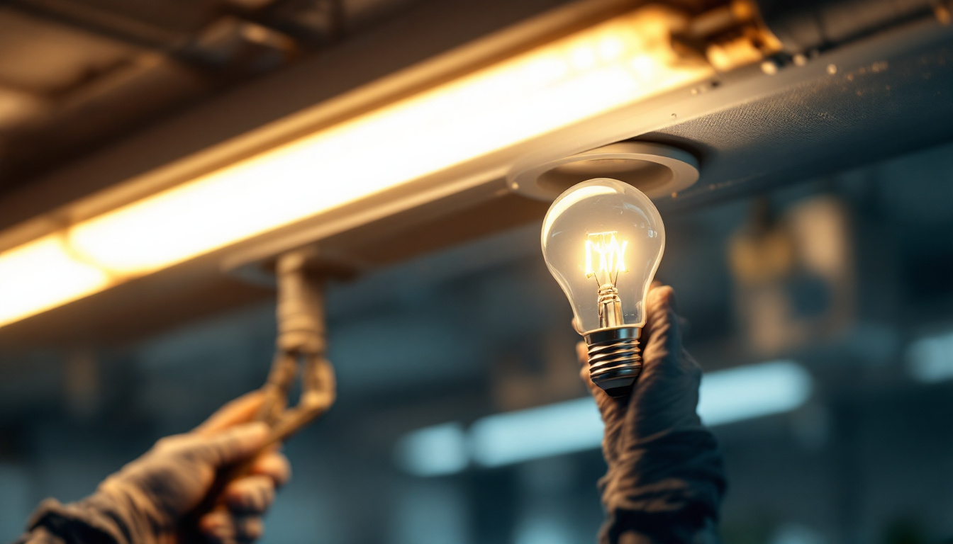 A photograph of a modern led bulb being installed into a fluorescent fixture