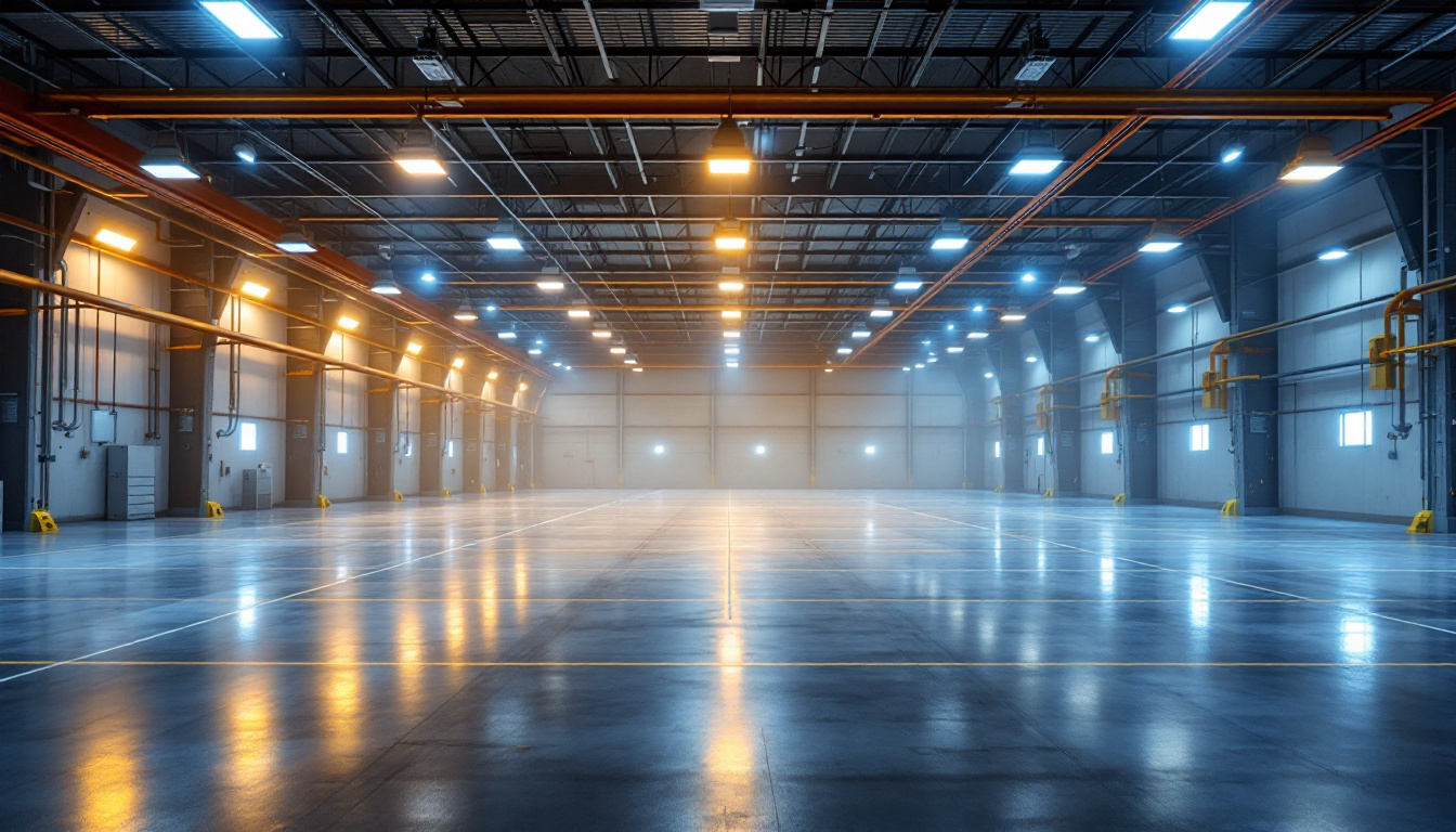 A photograph of a spacious industrial or commercial setting illuminated by high bay led lights