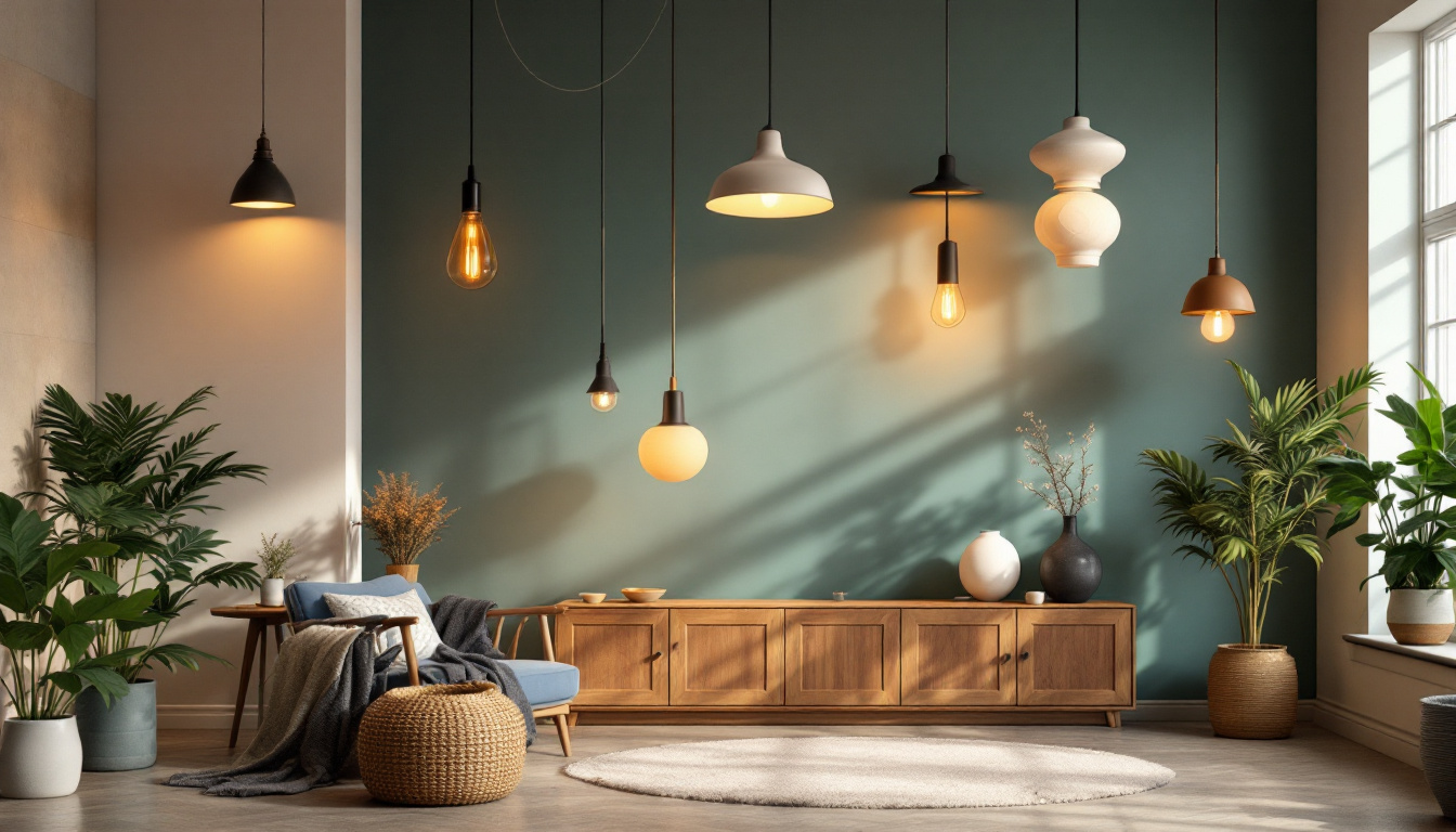 A photograph of a beautifully arranged room featuring various hanging ceiling lights