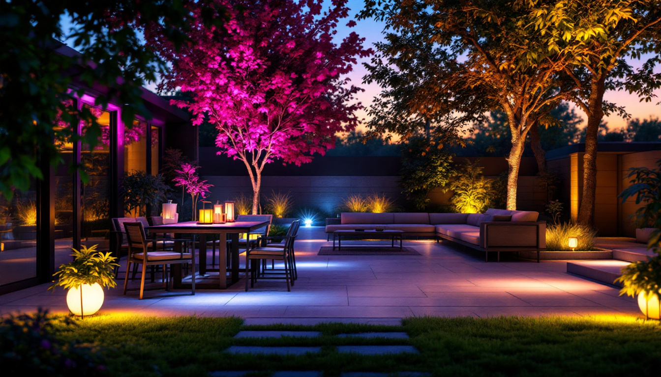 A photograph of a beautifully illuminated outdoor space featuring various led lights in use