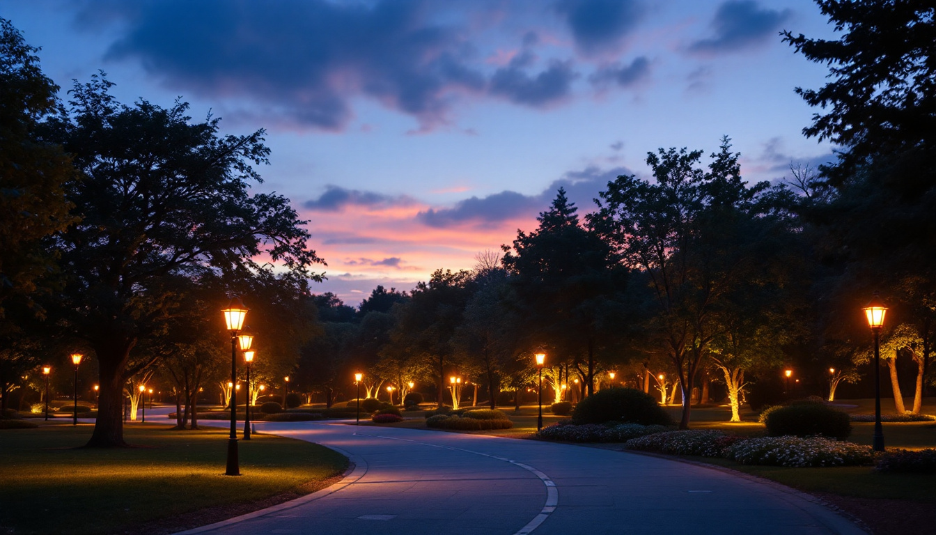 A photograph of a beautifully illuminated park scene at dusk