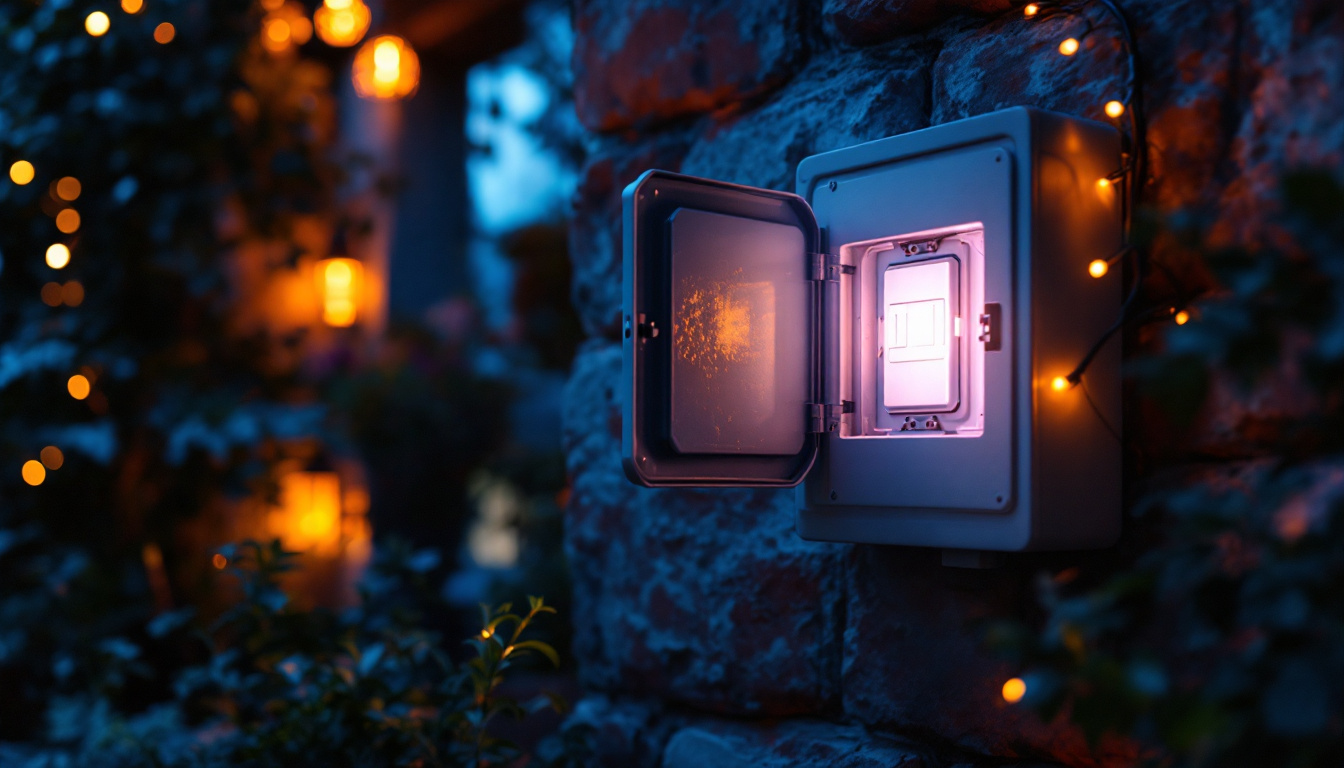 A photograph of a well-lit outdoor electrical box installed in a garden or patio setting