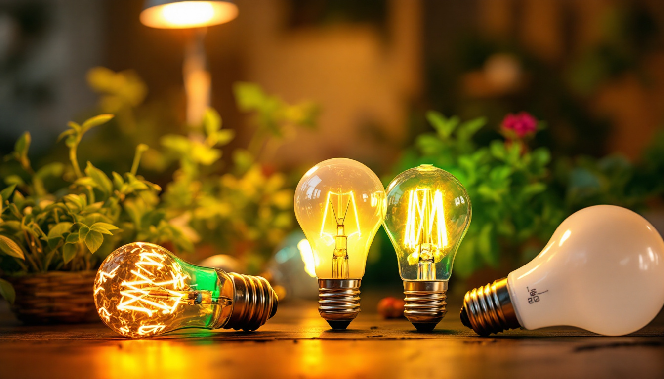 A photograph of a close-up shot of various cheap grow bulbs illuminated in a warm