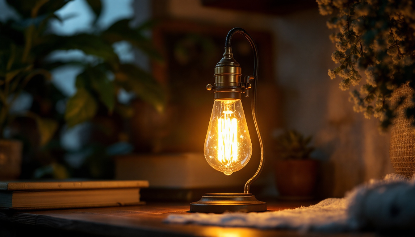 A photograph of a beautifully styled vintage led lamp in a cozy