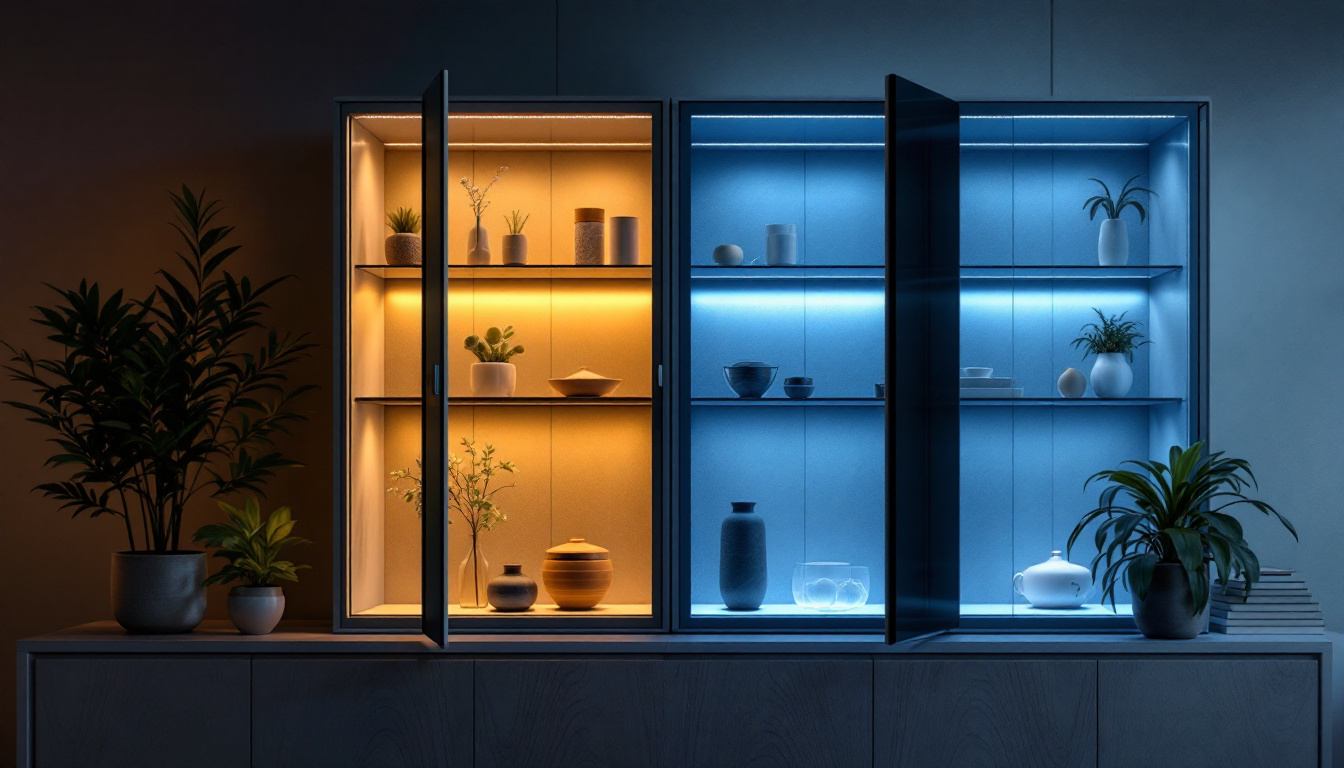 A photograph of a beautifully designed cct cabinet with warm and cool led lighting options