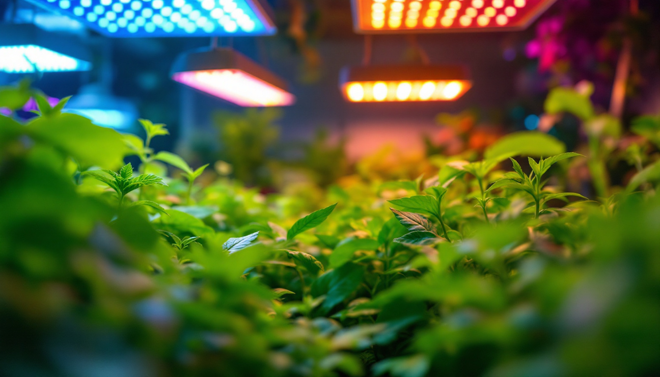 A photograph of a vibrant indoor garden illuminated by various led grow lights