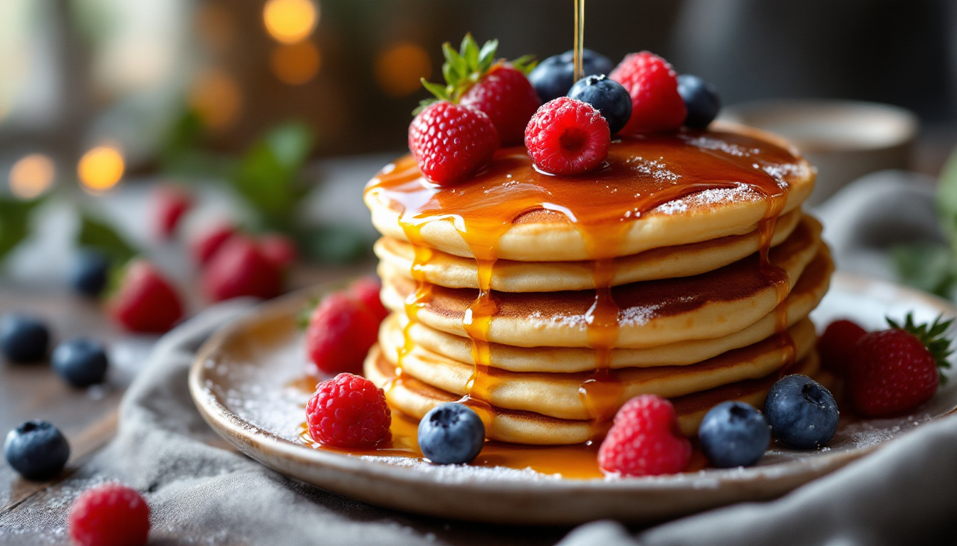 A photograph of a beautifully arranged stack of pancakes drizzled with syrup and topped with fresh berries