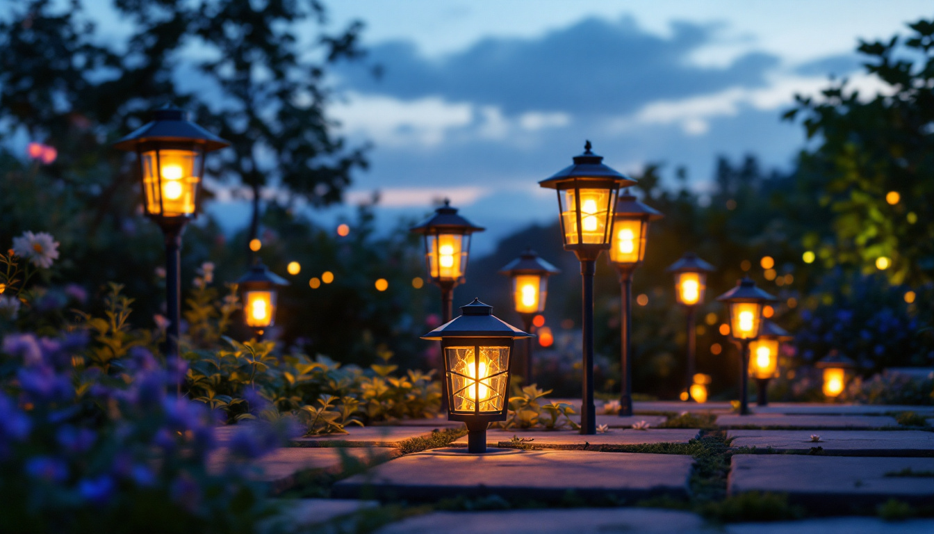 A photograph of a beautifully arranged outdoor scene featuring various amazon solar lamps illuminating a garden or patio at dusk