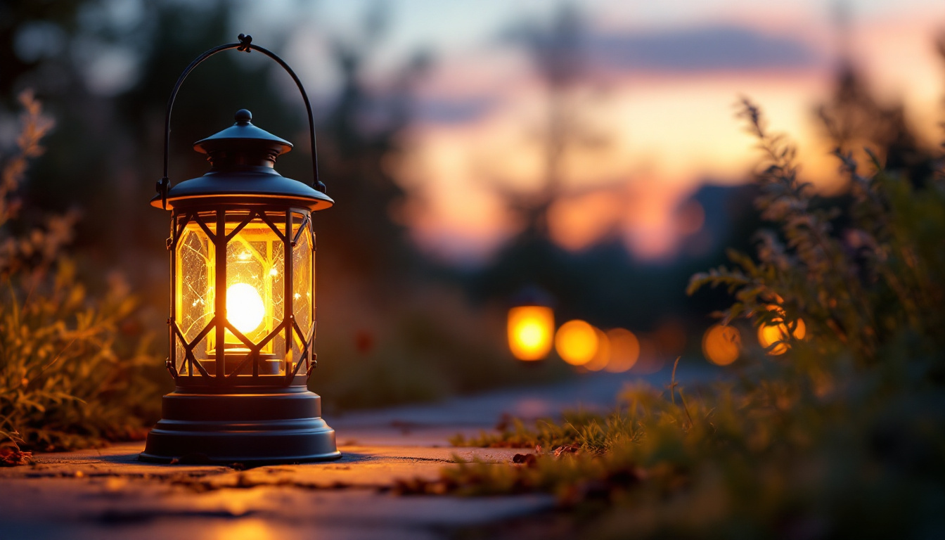 A photograph of a beautifully illuminated lantern solar light in a serene outdoor setting during twilight