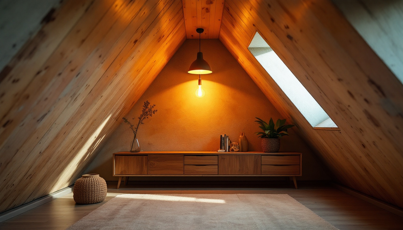 A photograph of a beautifully lit attic space showcasing a stylish light fixture