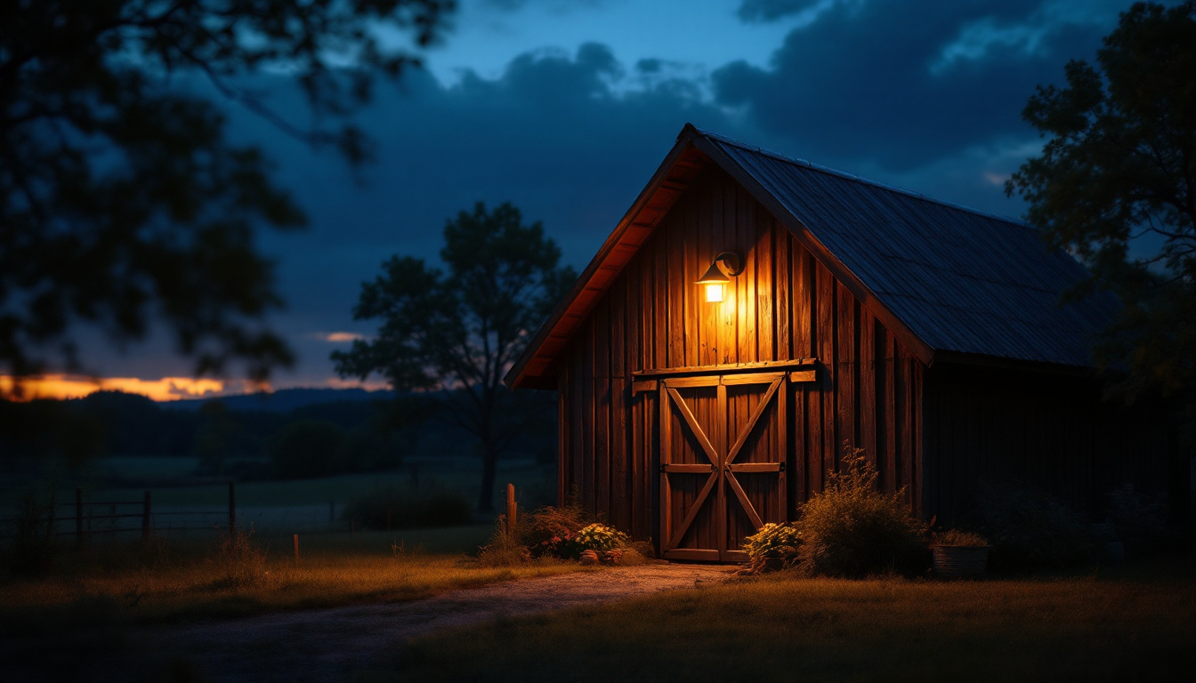 A photograph of a rustic barn illuminated by a warm