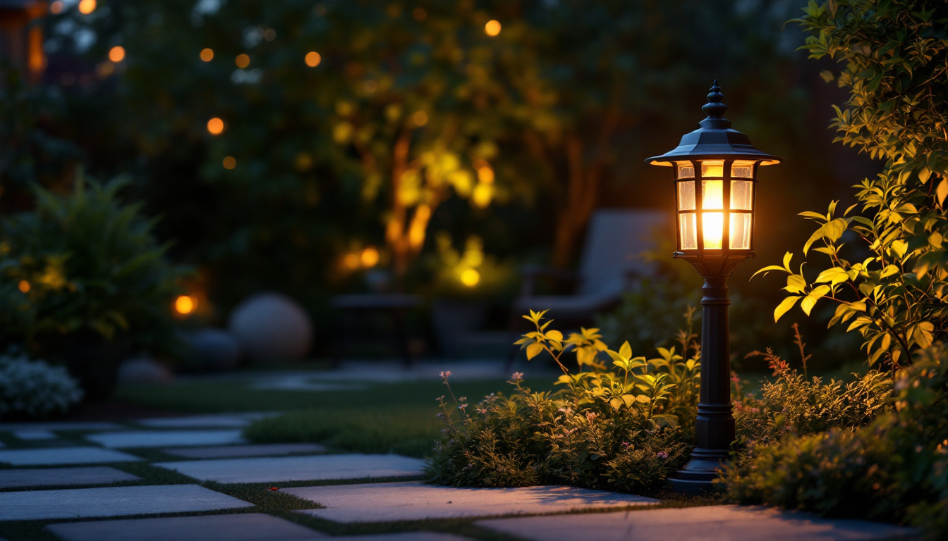 A photograph of a beautifully designed outdoor lamp illuminating a cozy garden setting at dusk