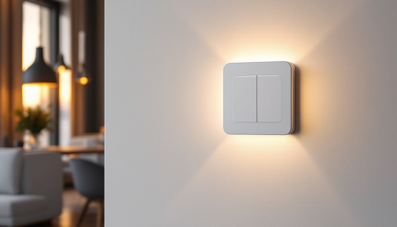 A photograph of a modern smart 4-way light switch installed in a stylish home setting
