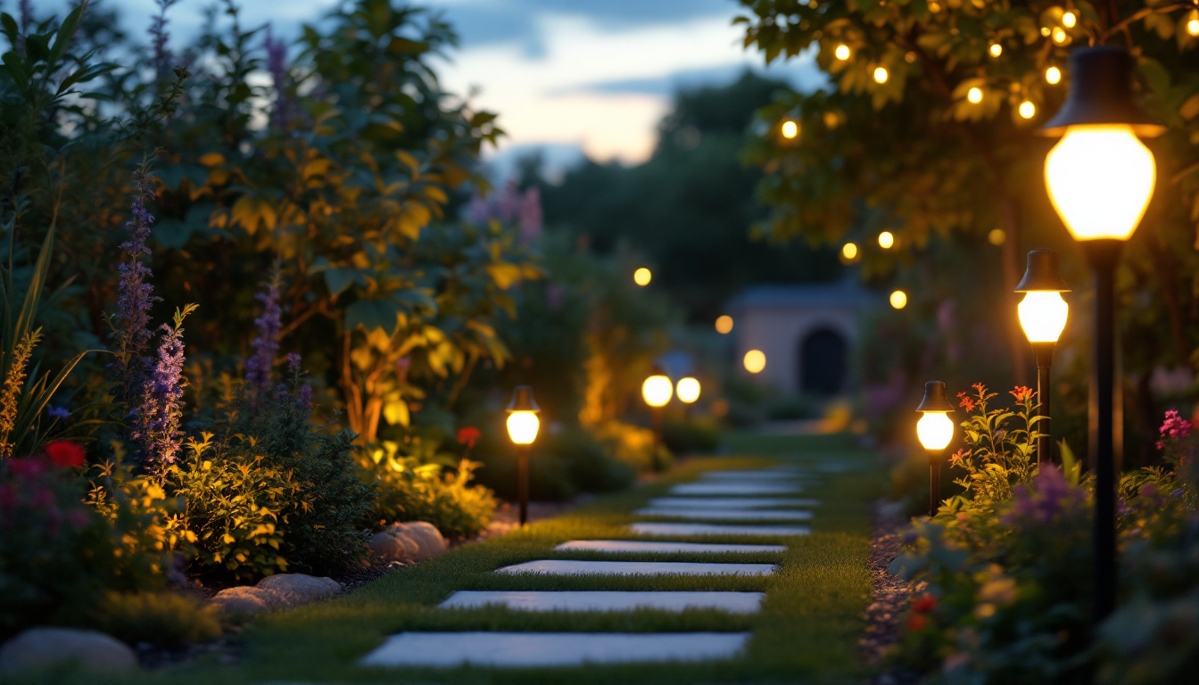 A photograph of a beautifully illuminated garden scene at dusk
