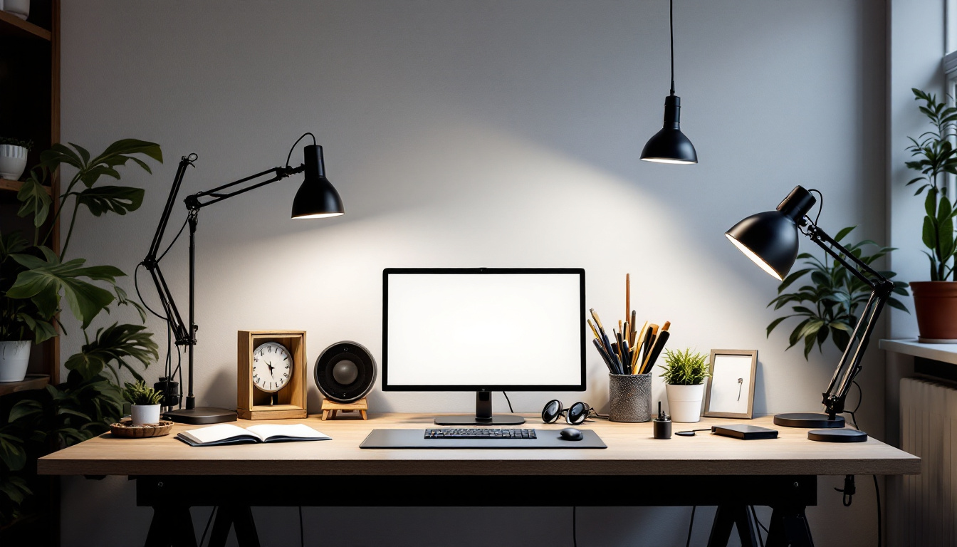 A photograph of a well-lit workspace featuring a variety of stylish shop lights from amazon